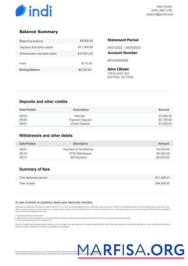 Downloadable USA Indi bank statement word example